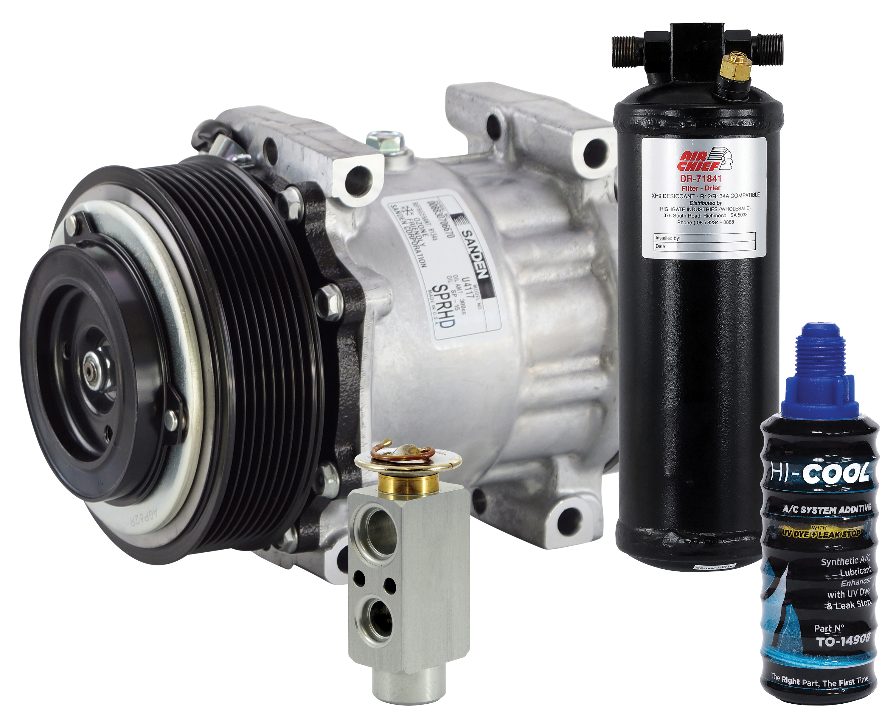 COMPRESSOR KIT, MACK TRUCKS, COMPRESSOR SANDEN, SD7H15, DRIER 230X80, TX BLOCK, PAD #6-12, #10-8, 2.